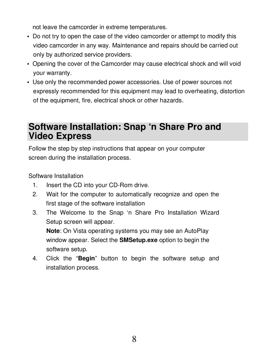 Vivitar DVR 850W owner manual Software Installation Snap ‘n Share Pro and Video Express 