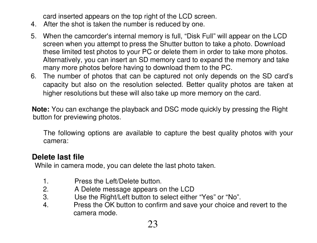 Vivitar DVR 865HD owner manual Delete last file 