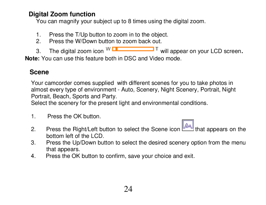 Vivitar DVR 865HD owner manual Digital Zoom function, Scene 