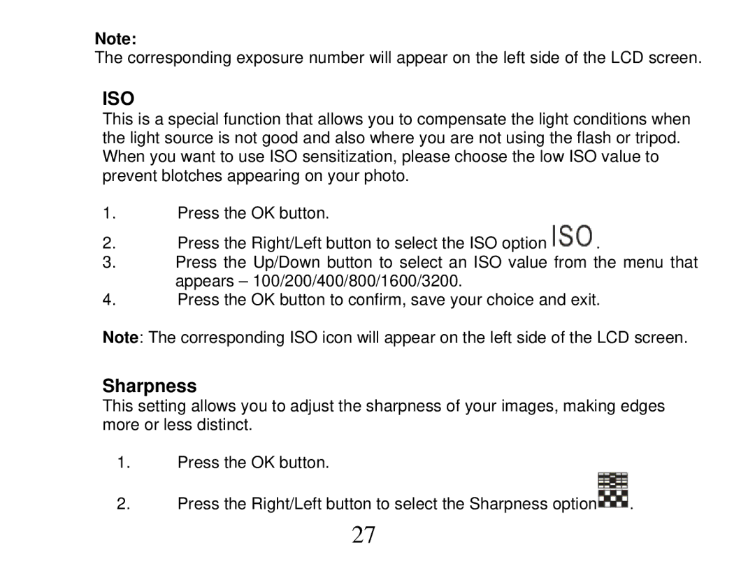 Vivitar DVR 865HD owner manual Iso, Sharpness 