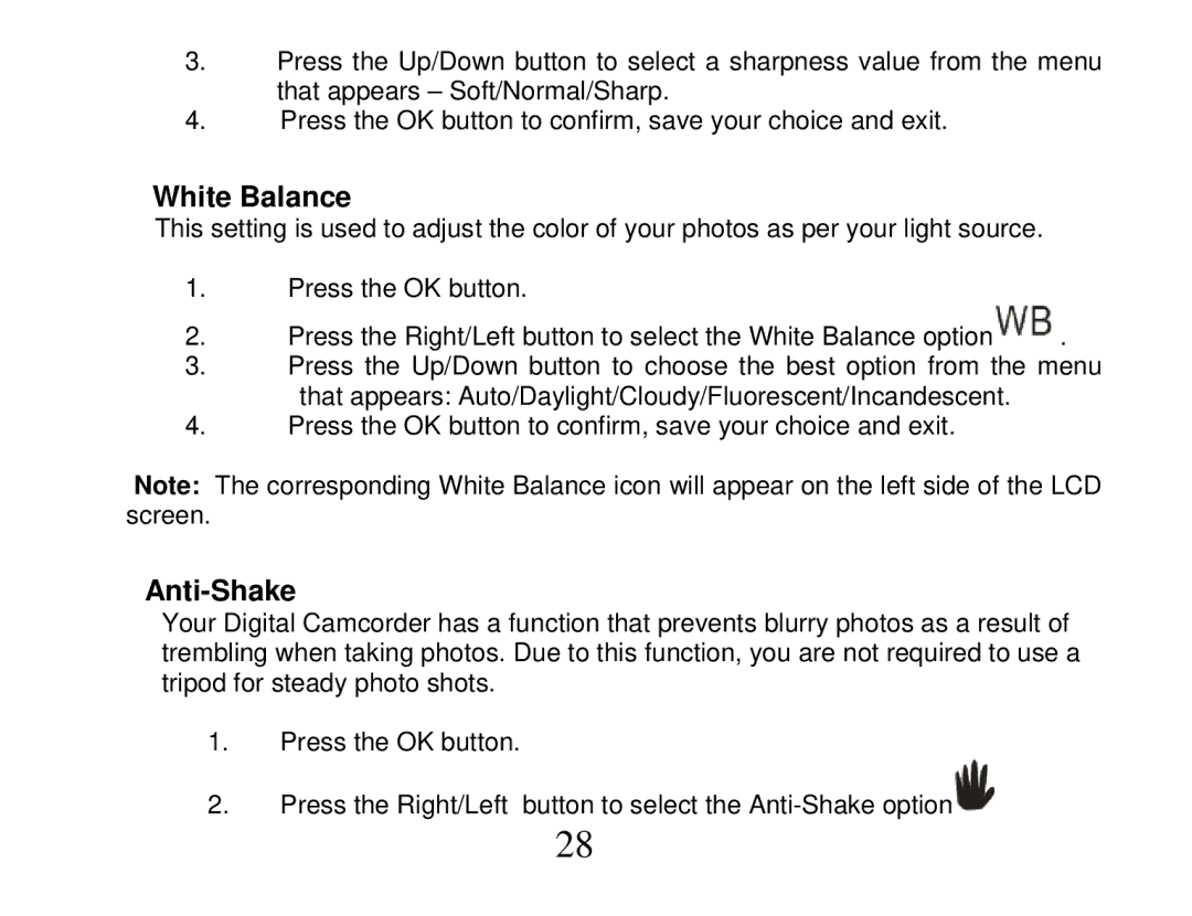 Vivitar DVR 865HD owner manual White Balance, Anti-Shake 