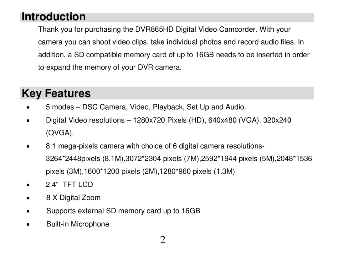 Vivitar DVR 865HD owner manual Introduction, Key Features 