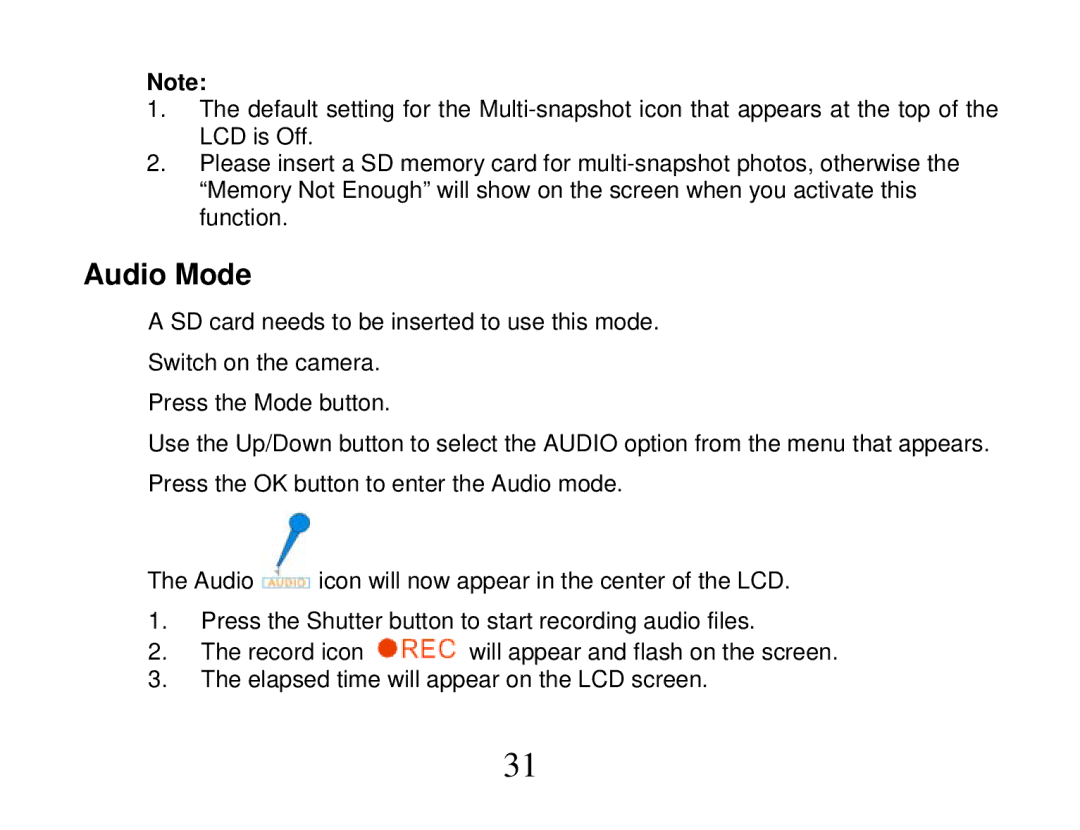 Vivitar DVR 865HD owner manual Audio Mode 