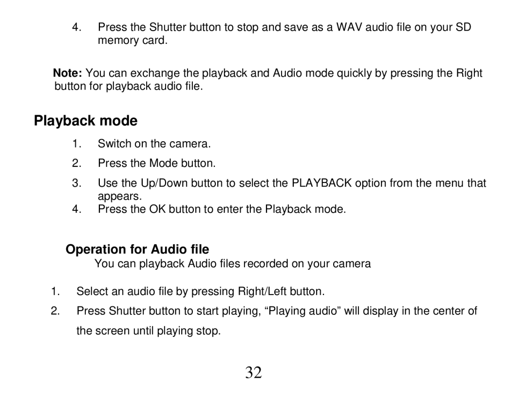 Vivitar DVR 865HD owner manual Playback mode, Operation for Audio file 