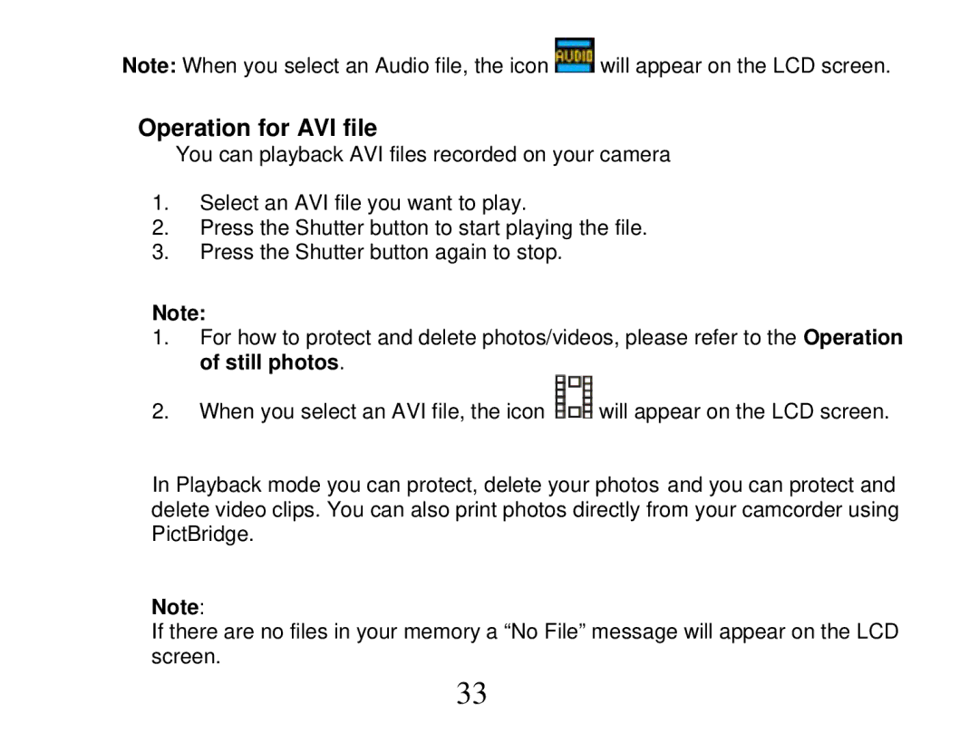 Vivitar DVR 865HD owner manual Operation for AVI file 