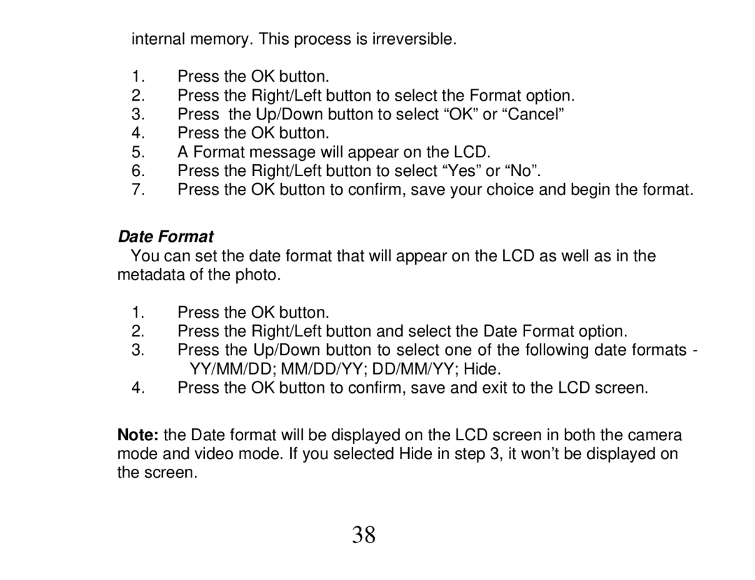 Vivitar DVR 865HD owner manual Date Format 