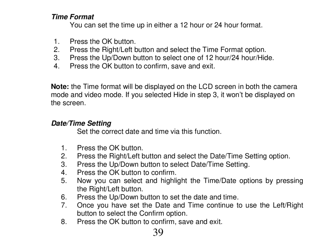 Vivitar DVR 865HD owner manual Time Format, Date/Time Setting 