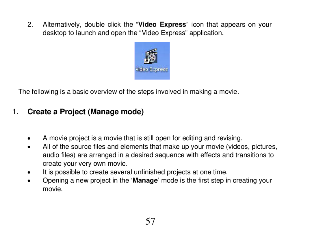 Vivitar DVR 865HD owner manual Create a Project Manage mode 