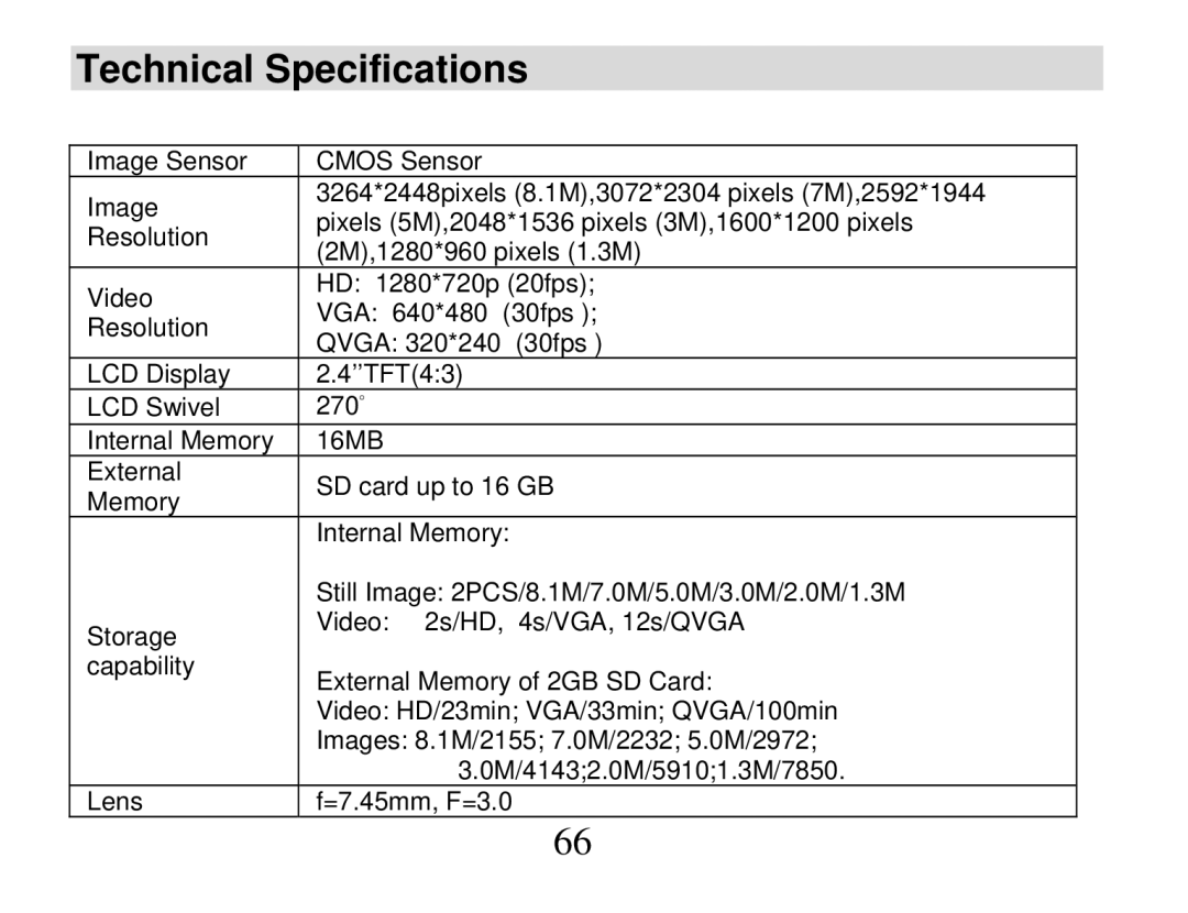 Vivitar DVR 865HD owner manual Technical Specifications 