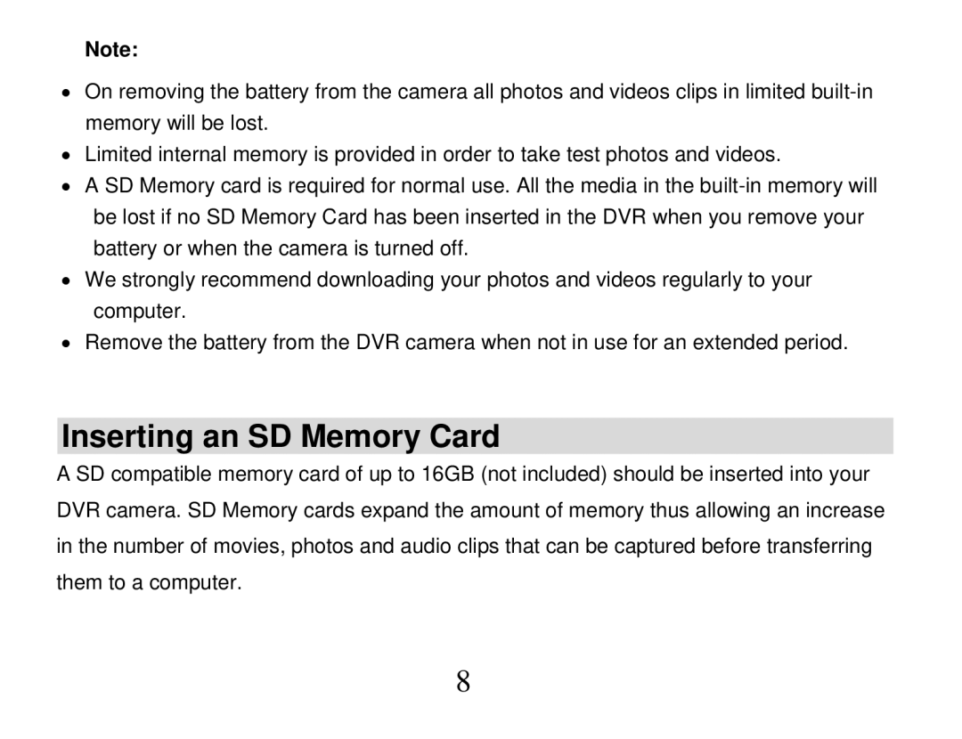 Vivitar DVR 865HD owner manual Inserting an SD Memory Card 