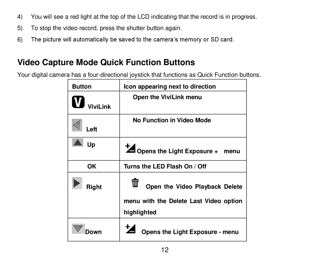 Vivitar DVR 910HD user manual Video Capture Mode Quick Function Buttons 