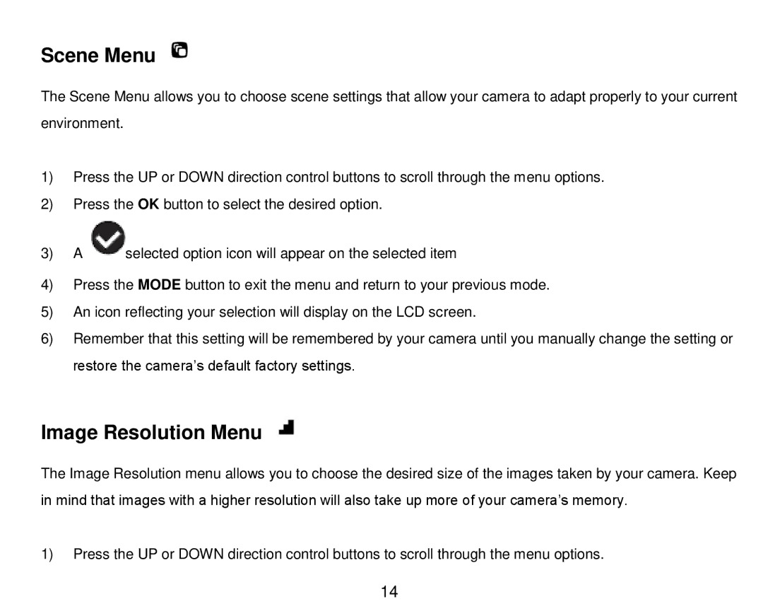 Vivitar DVR 910HD user manual Scene Menu, Image Resolution Menu 