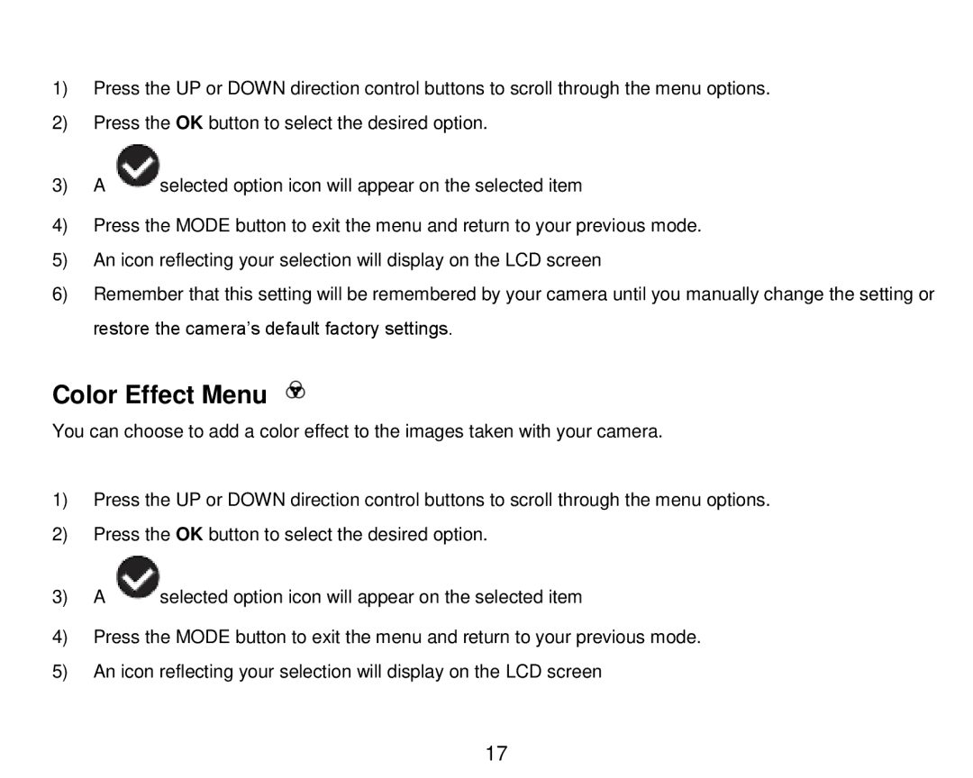 Vivitar DVR 910HD user manual Color Effect Menu 