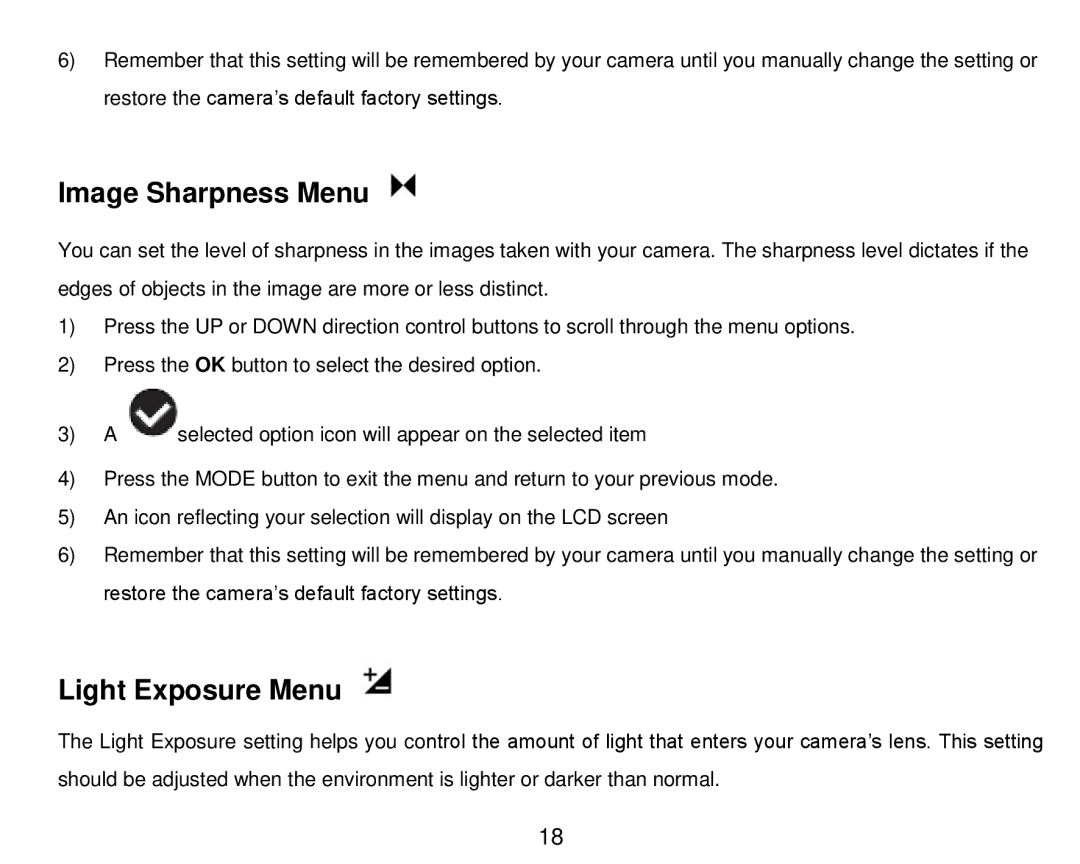 Vivitar DVR 910HD user manual Image Sharpness Menu, Light Exposure Menu 