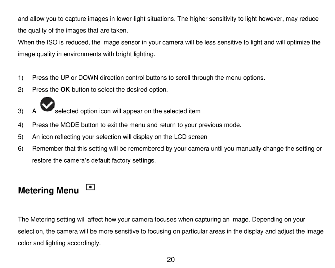 Vivitar DVR 910HD user manual Metering Menu 