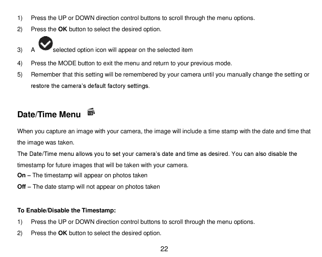 Vivitar DVR 910HD user manual Date/Time Menu, To Enable/Disable the Timestamp 