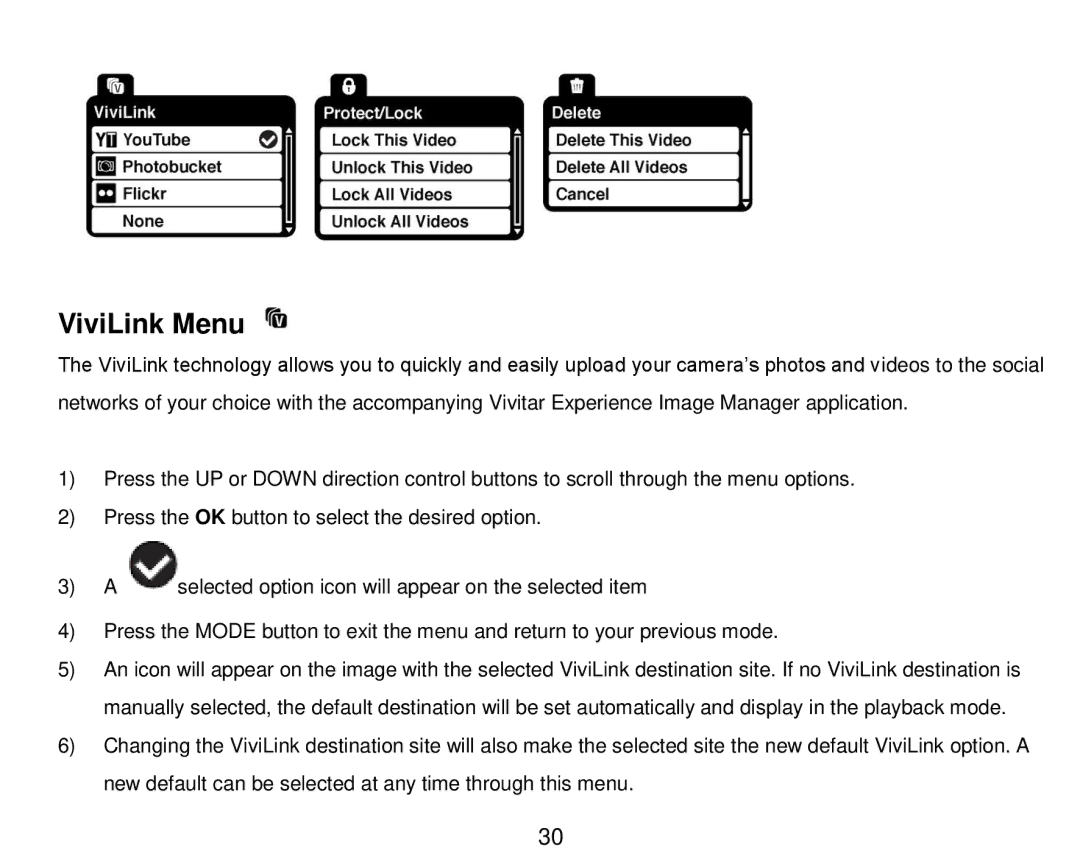 Vivitar DVR 910HD user manual ViviLink Menu 