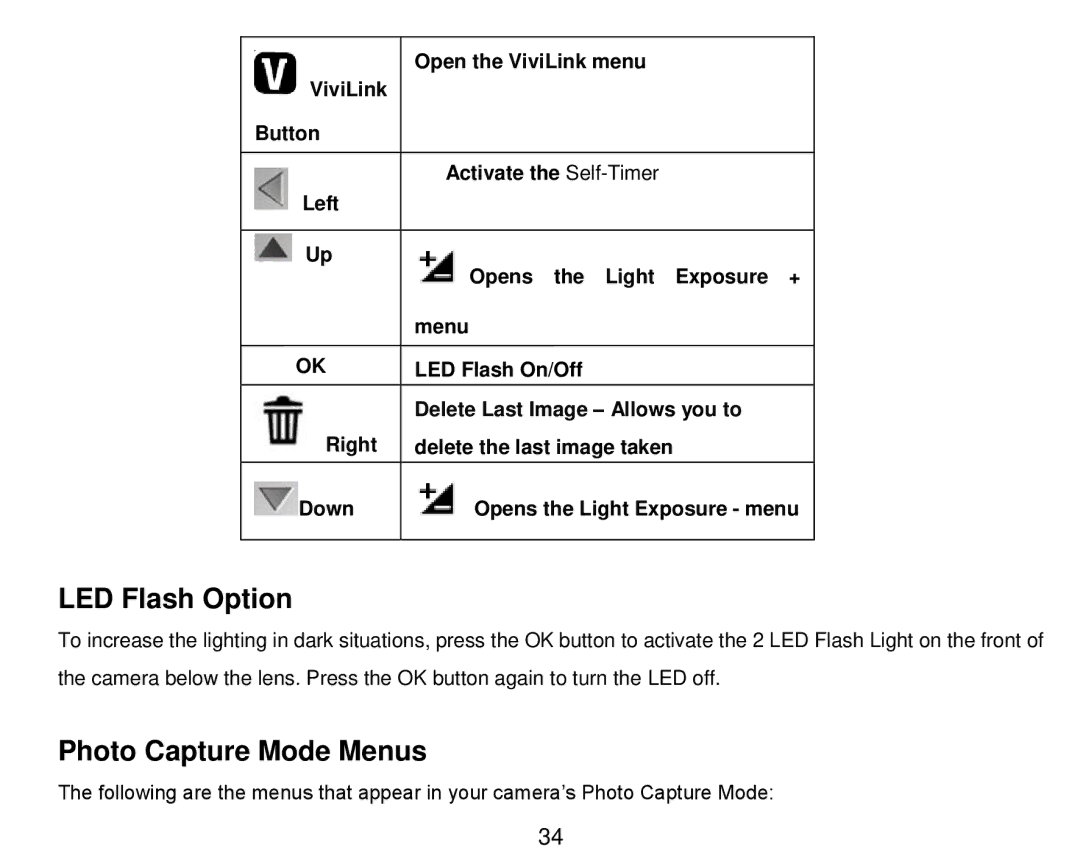 Vivitar DVR 910HD user manual LED Flash Option, Photo Capture Mode Menus 