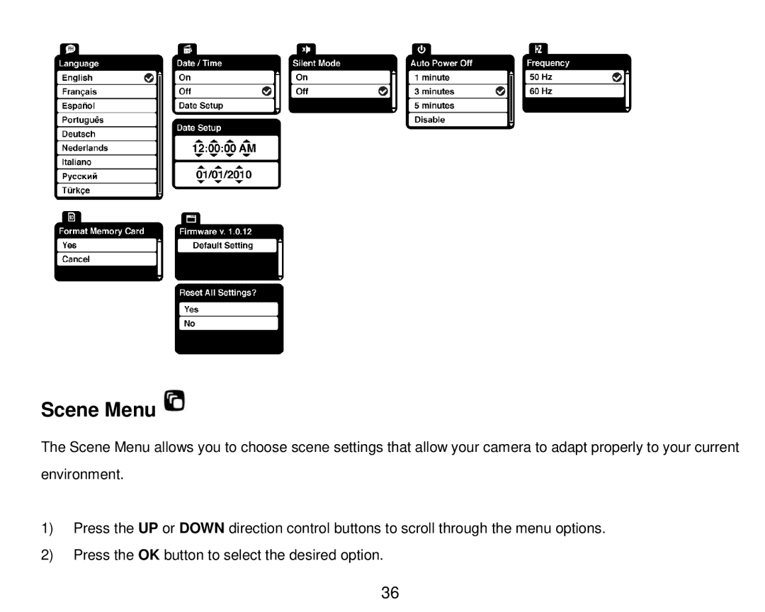 Vivitar DVR 910HD user manual Scene Menu 