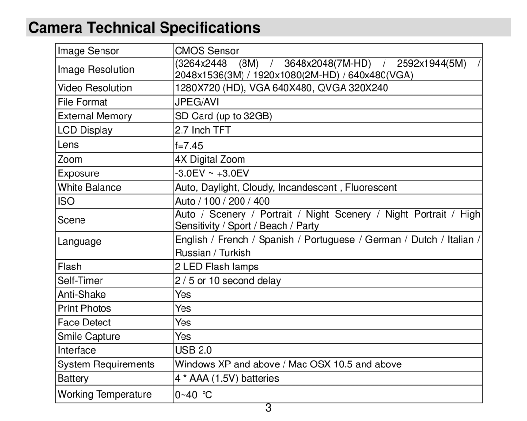 Vivitar DVR 910HD user manual Camera Technical Specifications, Jpeg/Avi 