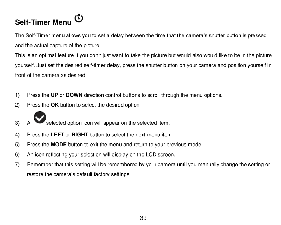 Vivitar DVR 910HD user manual Self-Timer Menu 