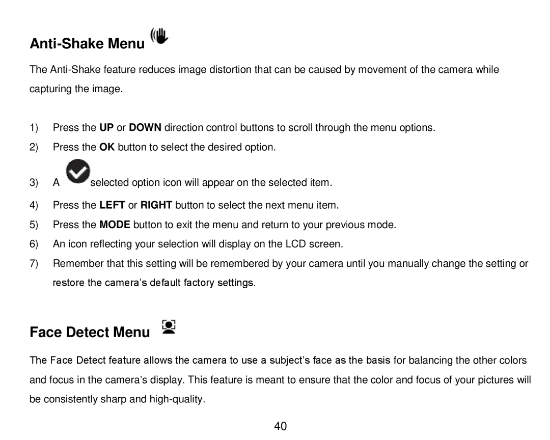 Vivitar DVR 910HD user manual Anti-Shake Menu, Face Detect Menu 