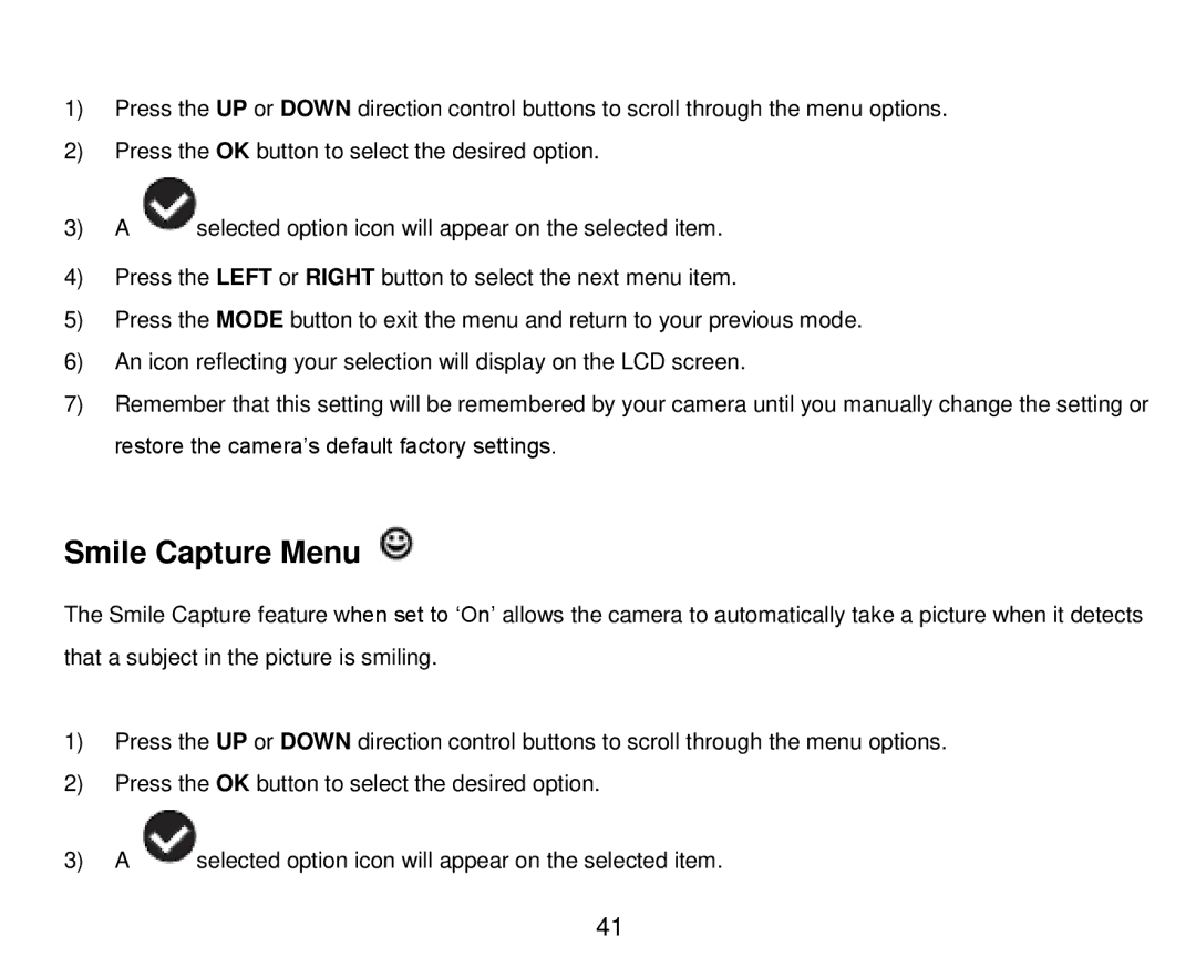 Vivitar DVR 910HD user manual Smile Capture Menu 