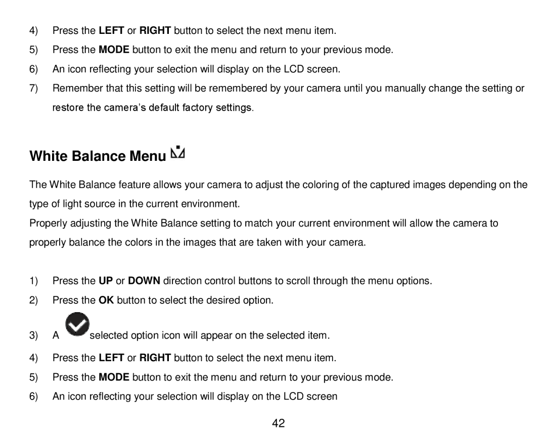 Vivitar DVR 910HD user manual White Balance Menu 