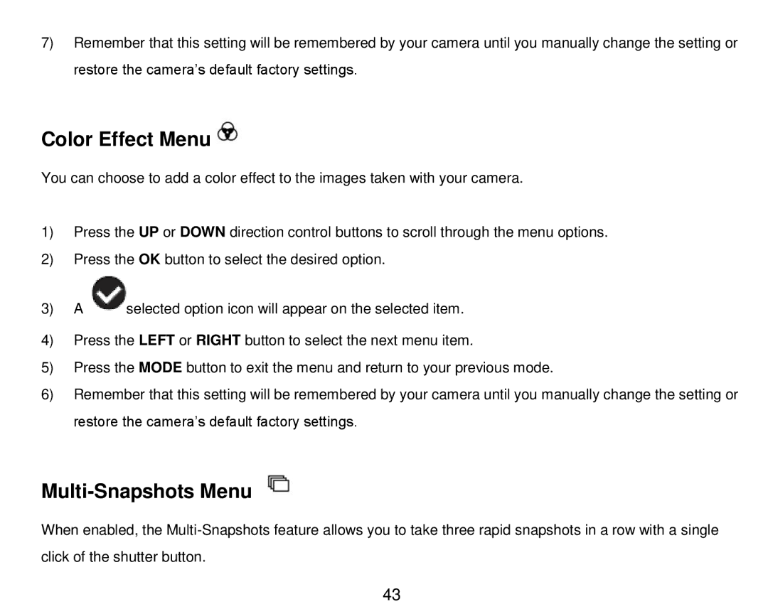 Vivitar DVR 910HD user manual Color Effect Menu, Multi-Snapshots Menu 