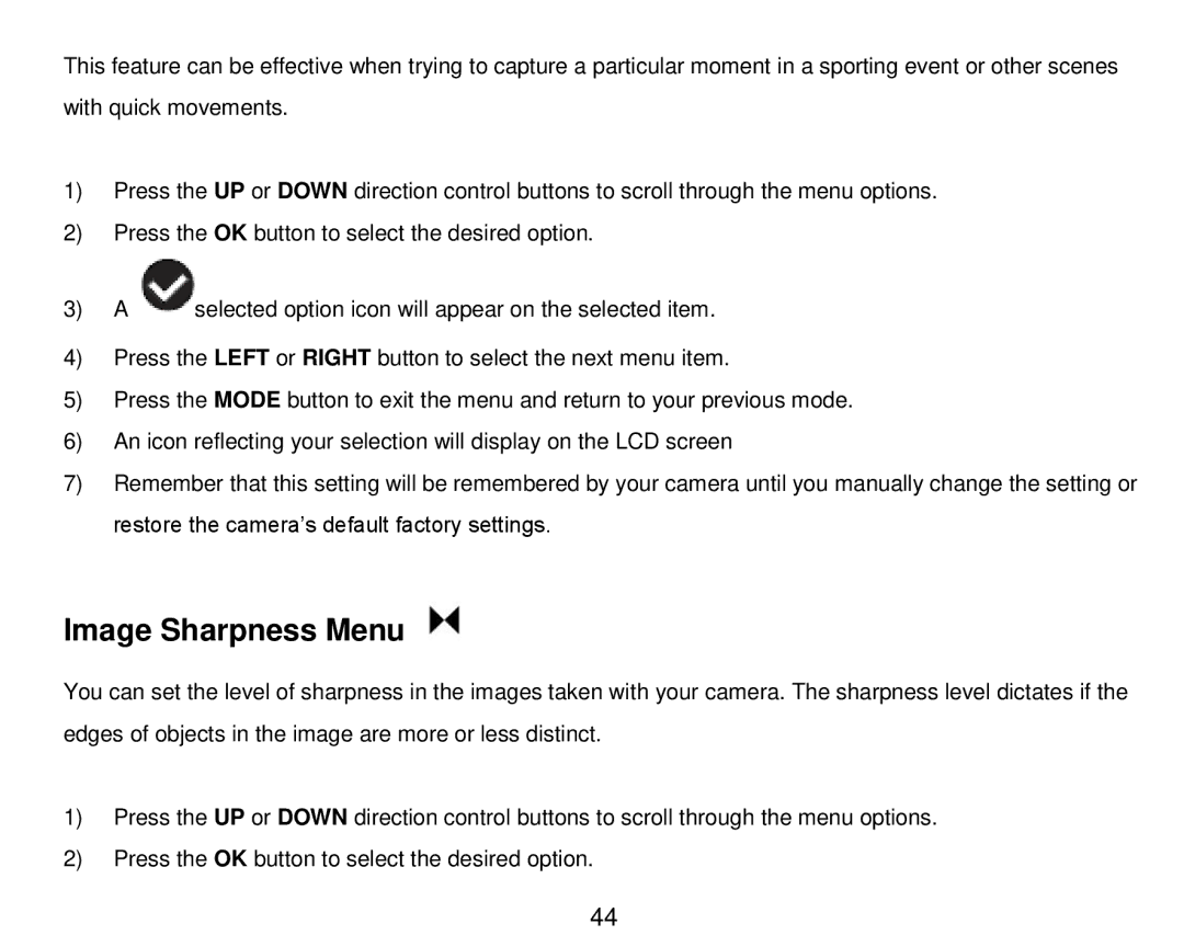 Vivitar DVR 910HD user manual Image Sharpness Menu 