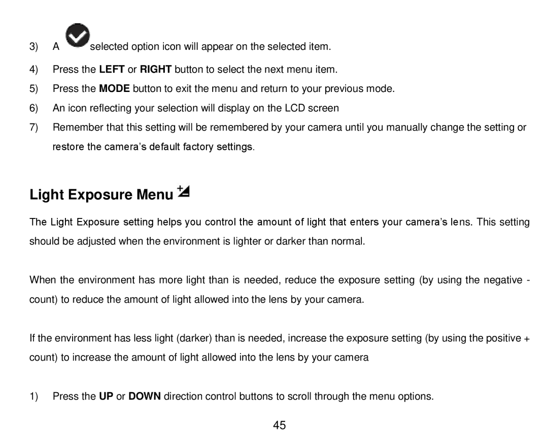 Vivitar DVR 910HD user manual Light Exposure Menu 