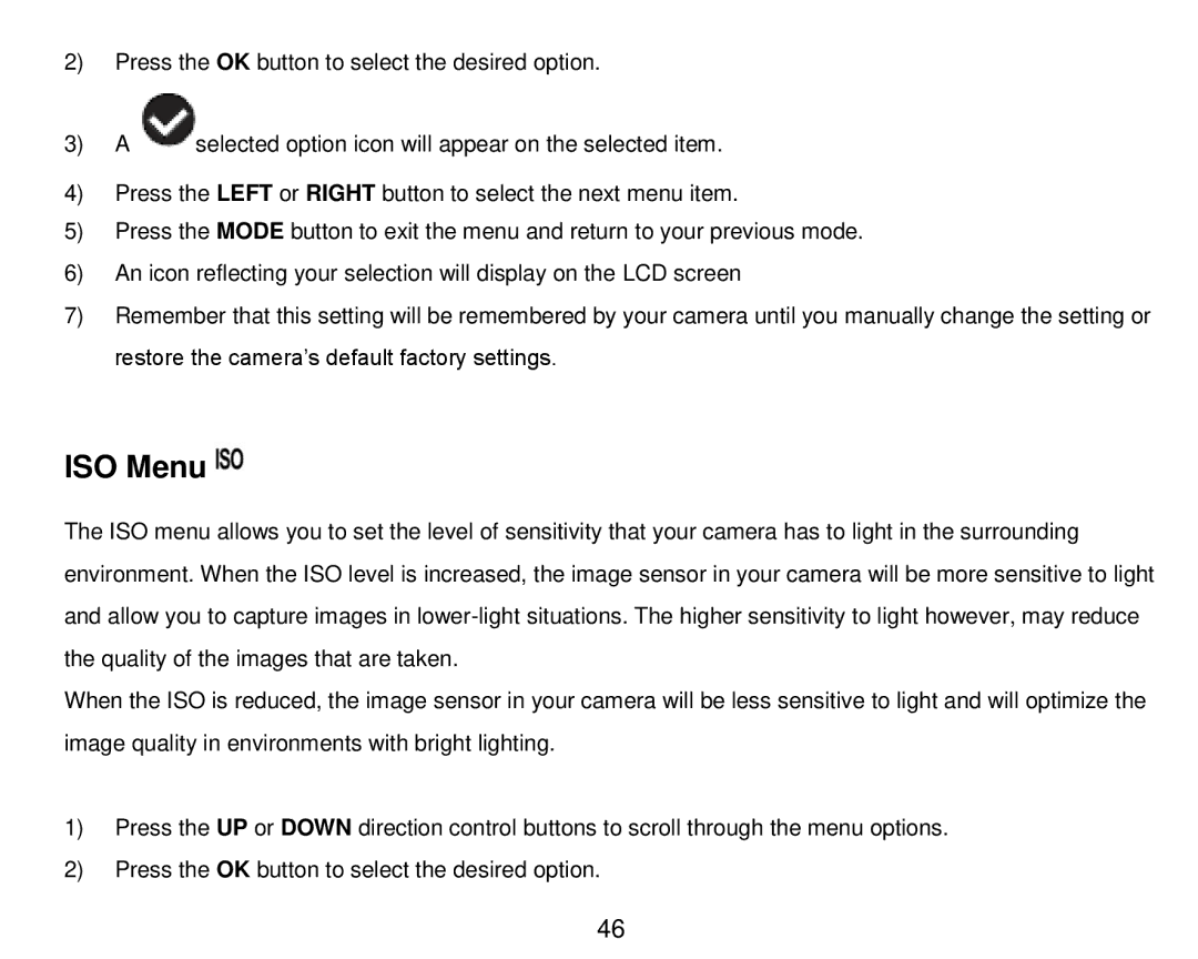 Vivitar DVR 910HD user manual ISO Menu 