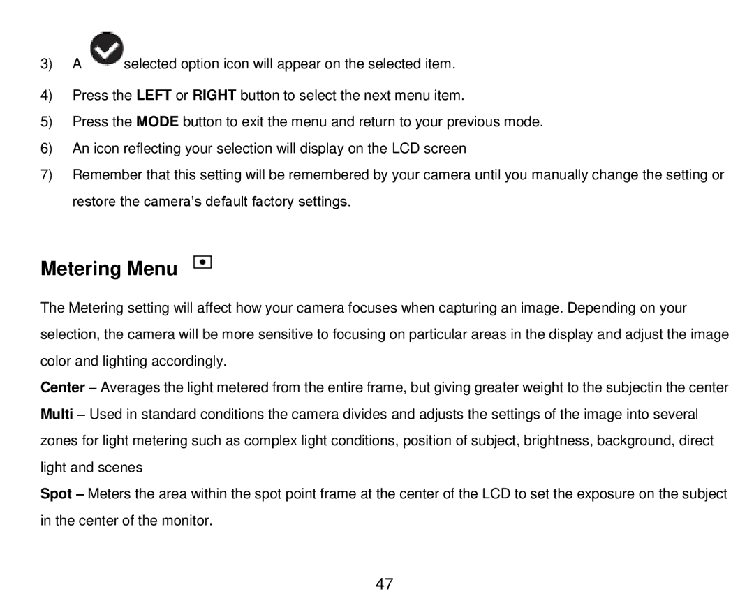 Vivitar DVR 910HD user manual Metering Menu 