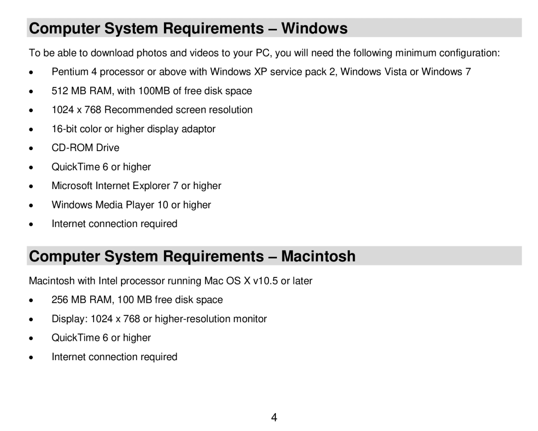 Vivitar DVR 910HD user manual Computer System Requirements Windows, Computer System Requirements Macintosh 