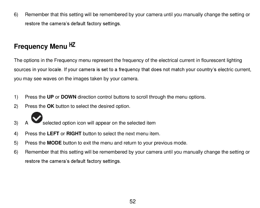 Vivitar DVR 910HD user manual Frequency Menu 