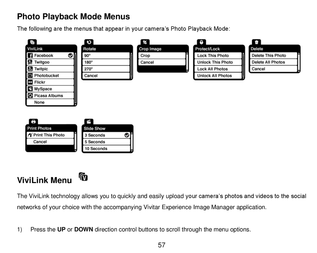 Vivitar DVR 910HD user manual Photo Playback Mode Menus, ViviLink Menu 