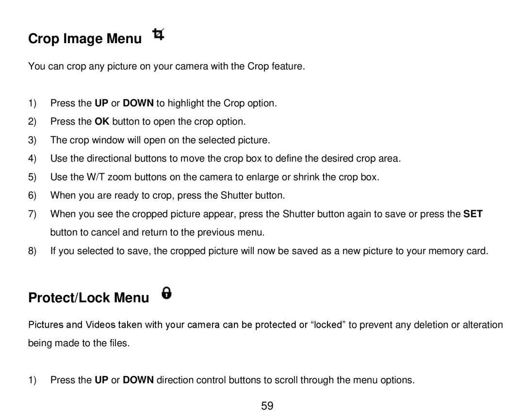 Vivitar DVR 910HD user manual Crop Image Menu, Protect/Lock Menu 