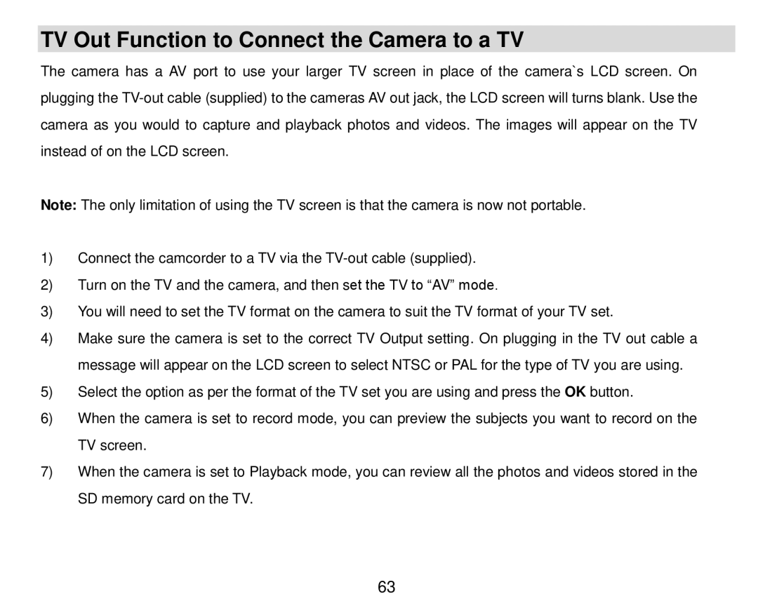 Vivitar DVR 910HD user manual TV Out Function to Connect the Camera to a TV 