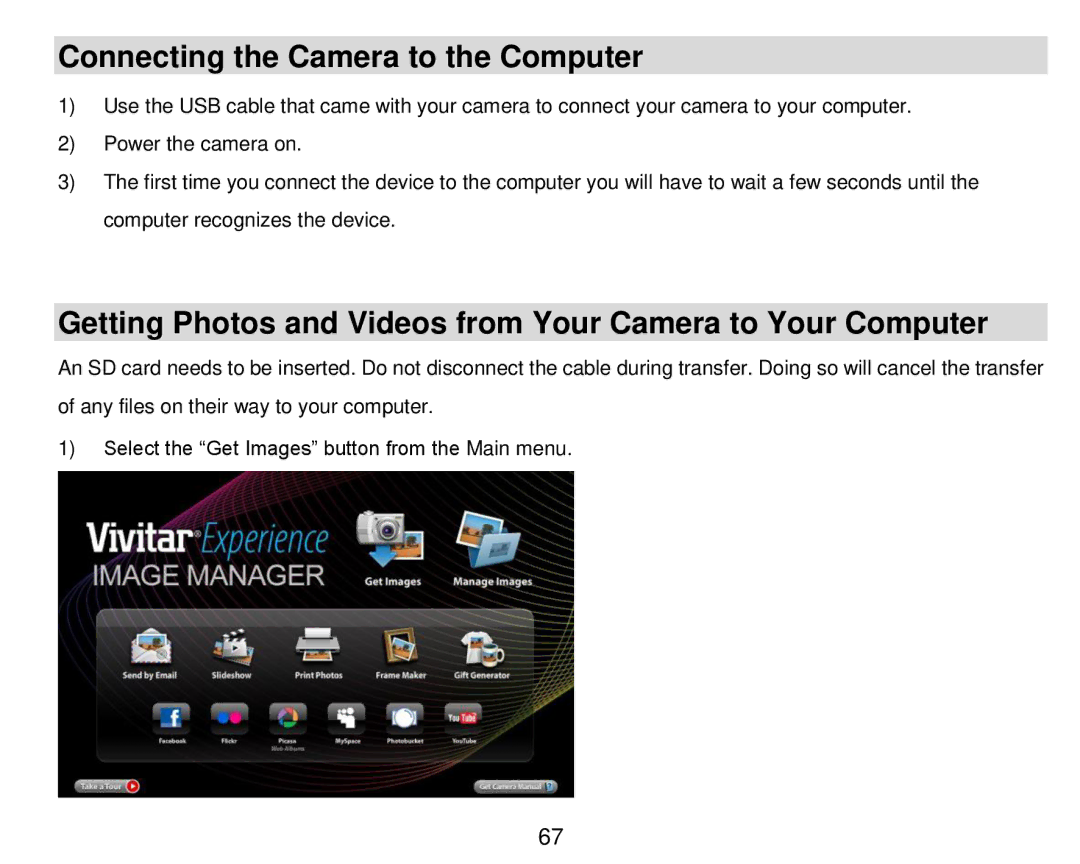 Vivitar DVR 910HD Connecting the Camera to the Computer, Getting Photos and Videos from Your Camera to Your Computer 