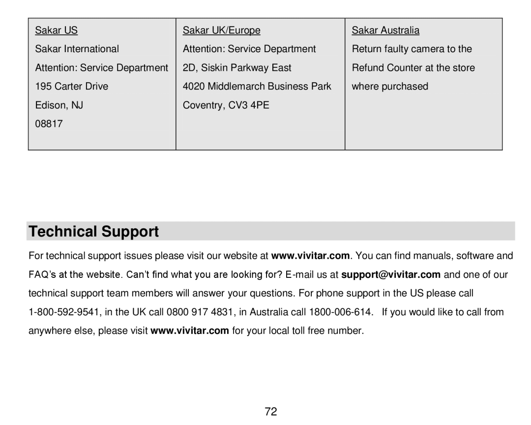 Vivitar DVR 910HD user manual Technical Support 