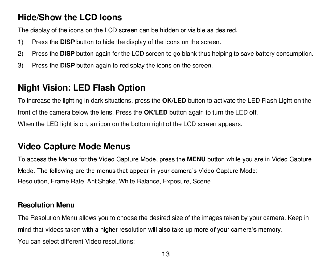 Vivitar DVR 920HD Hide/Show the LCD Icons, Night Vision LED Flash Option, Video Capture Mode Menus, Resolution Menu 