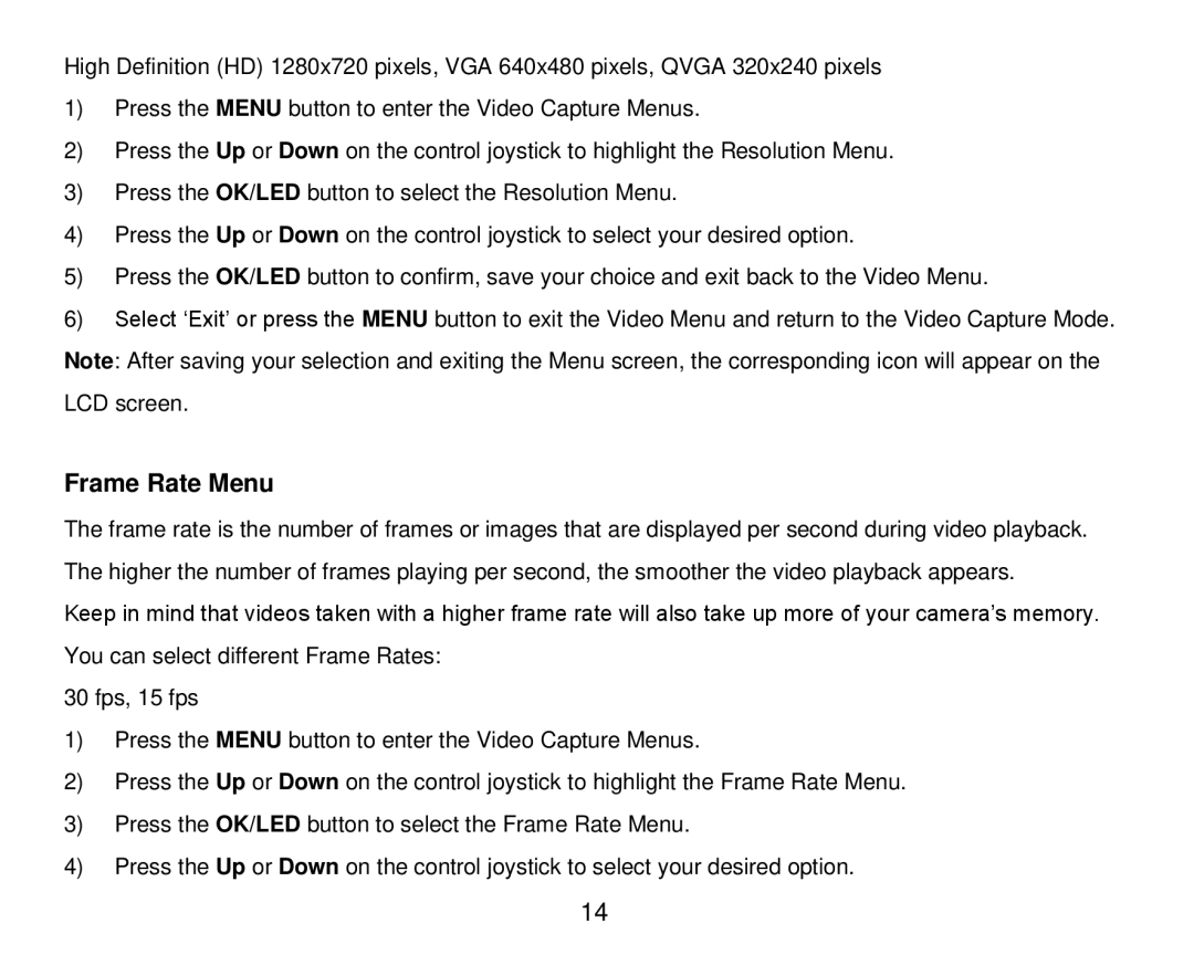 Vivitar DVR 920HD user manual Frame Rate Menu 