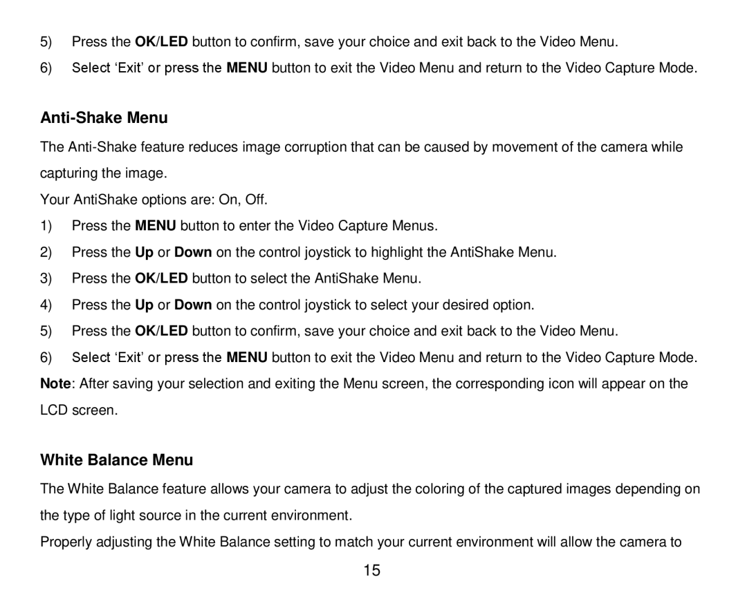 Vivitar DVR 920HD user manual Anti-Shake Menu, White Balance Menu 