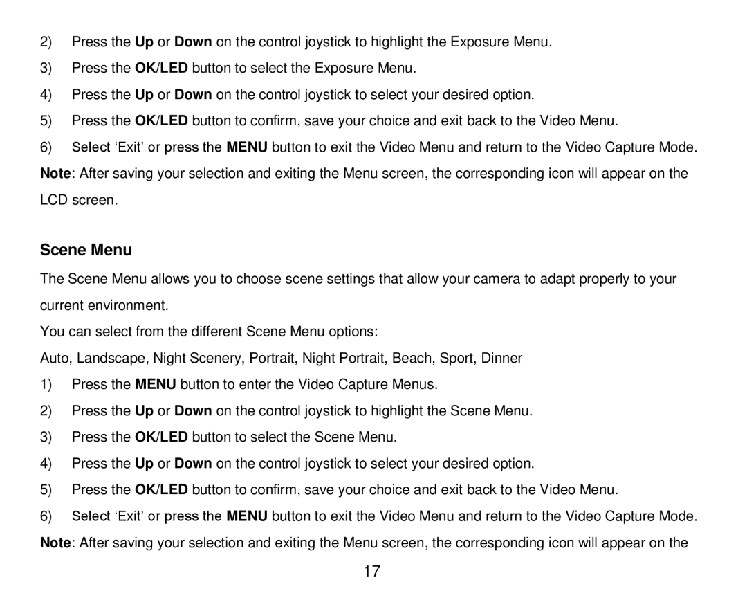 Vivitar DVR 920HD user manual Scene Menu 