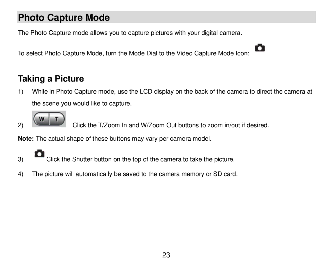 Vivitar DVR 920HD user manual Photo Capture Mode, Taking a Picture 