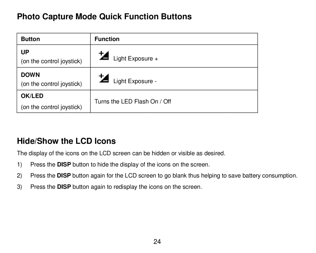 Vivitar DVR 920HD user manual Photo Capture Mode Quick Function Buttons, Hide/Show the LCD Icons 