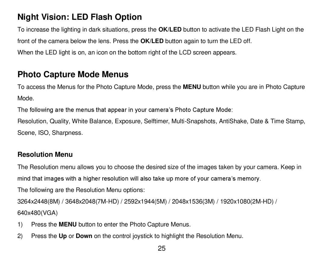 Vivitar DVR 920HD user manual Night Vision LED Flash Option, Photo Capture Mode Menus 