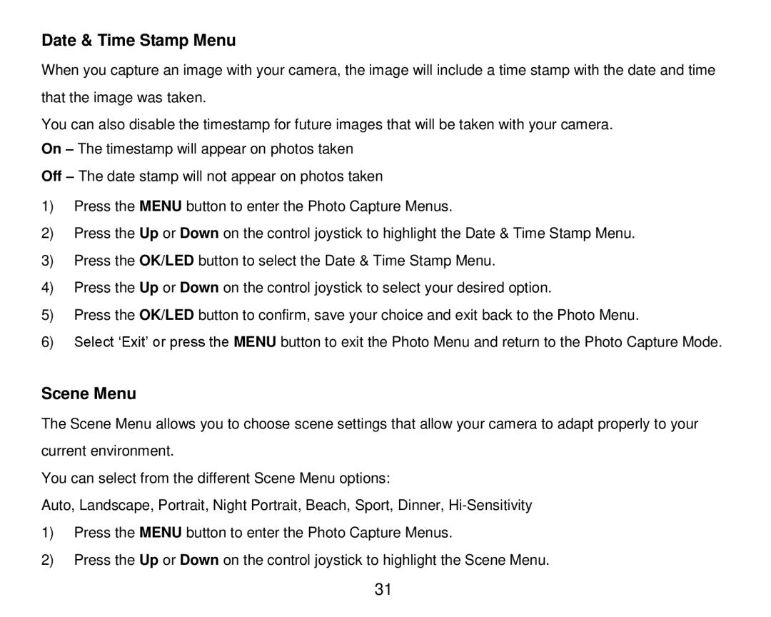 Vivitar DVR 920HD user manual Date & Time Stamp Menu, Scene Menu 