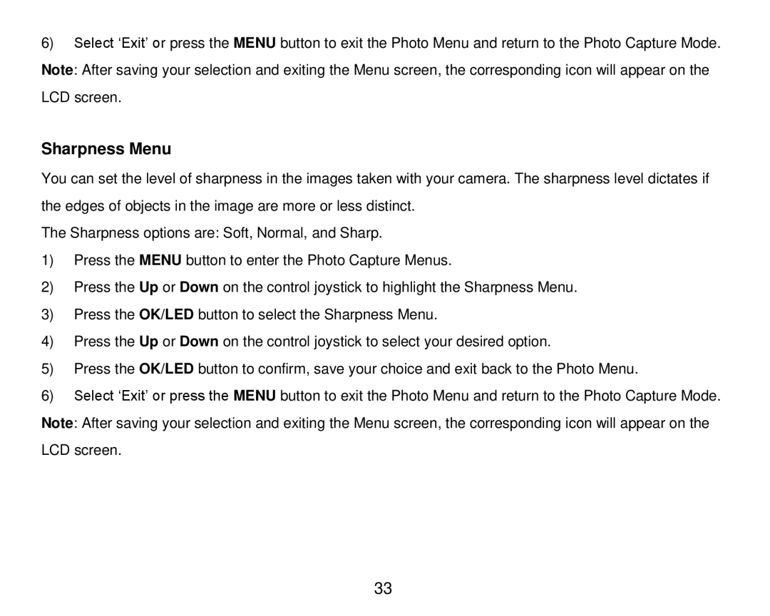 Vivitar DVR 920HD user manual Sharpness Menu 