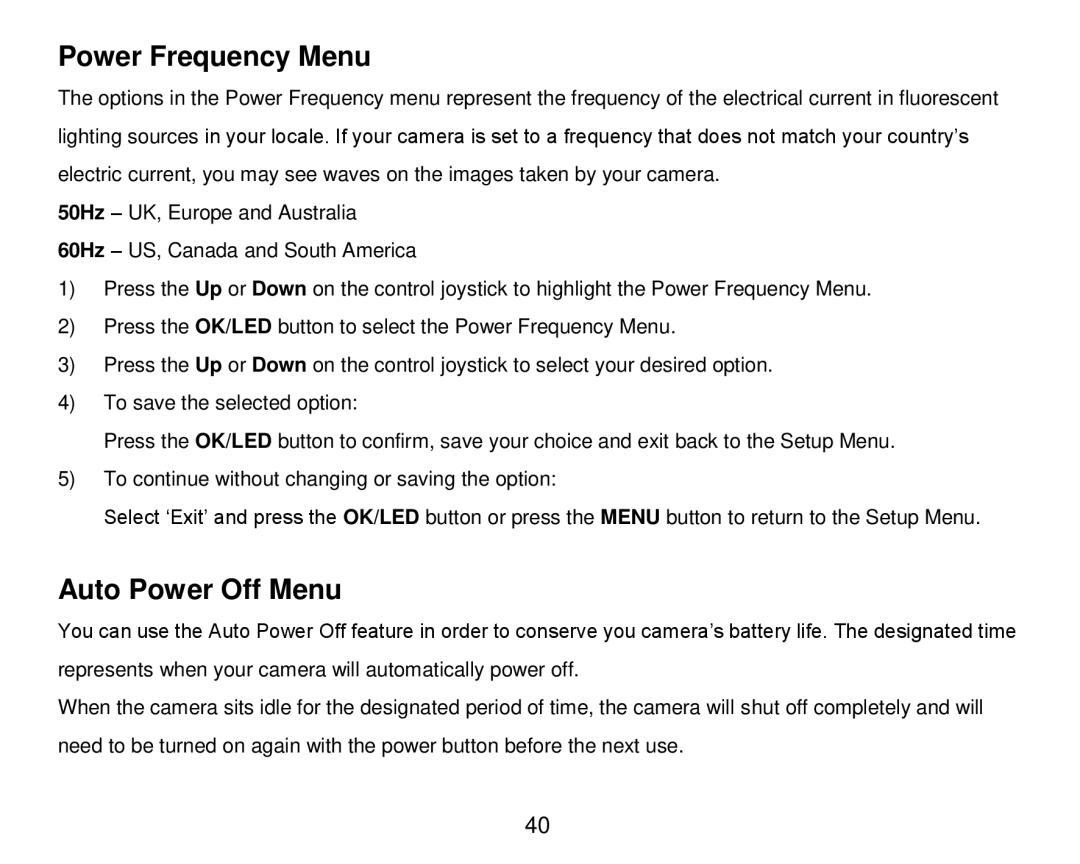 Vivitar DVR 920HD user manual Power Frequency Menu, Auto Power Off Menu 